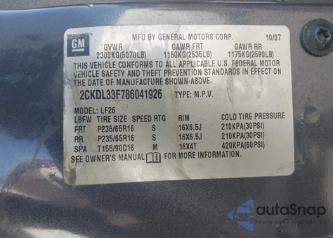 2008 Pontiac Torrent z USA, uszkodzony, nr VIN 2CKDL33F786041926